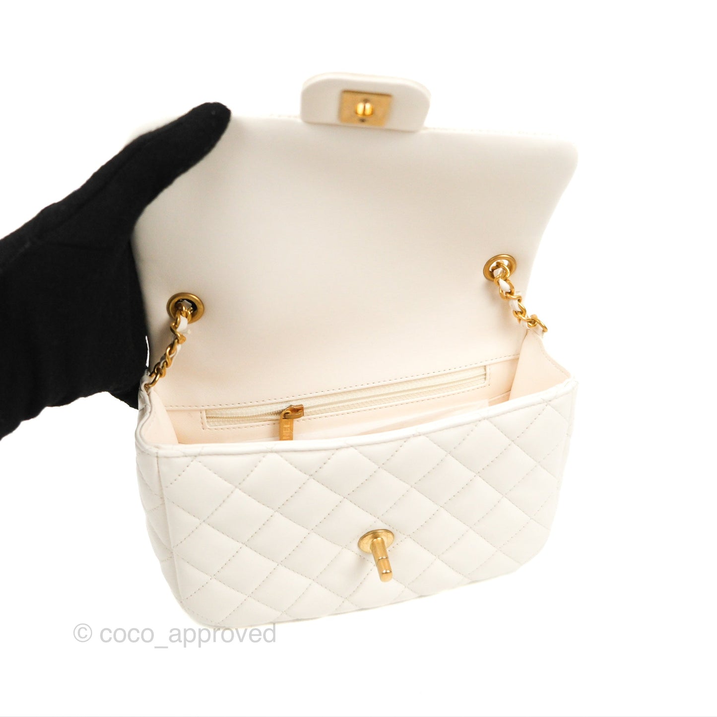 Chanel Mini Flap Bag with Coco Heart Chain White Lambskin Aged Gold Hardware