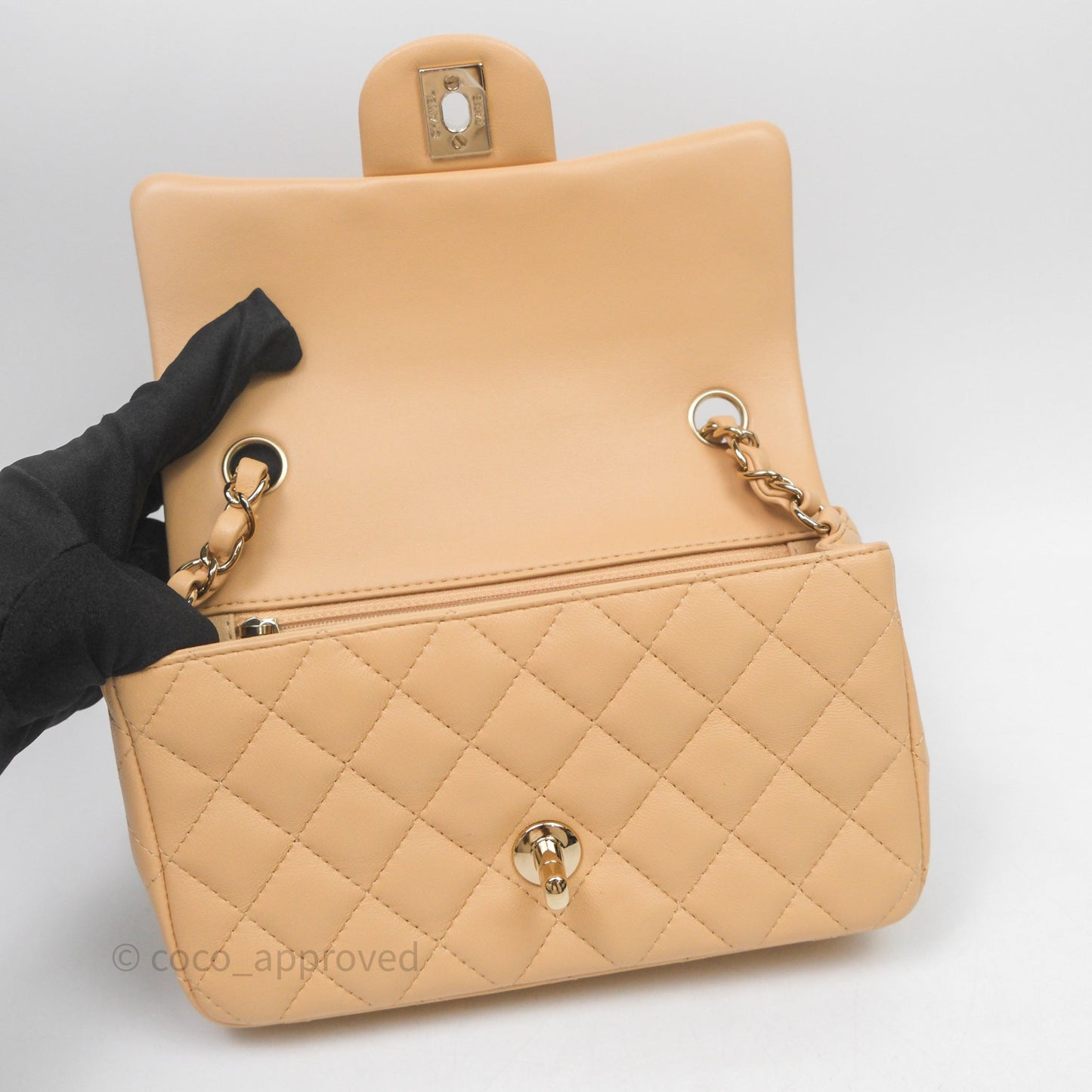 Chanel Mini Rectangular Quilted Beige Lambskin Light Gold Hardware