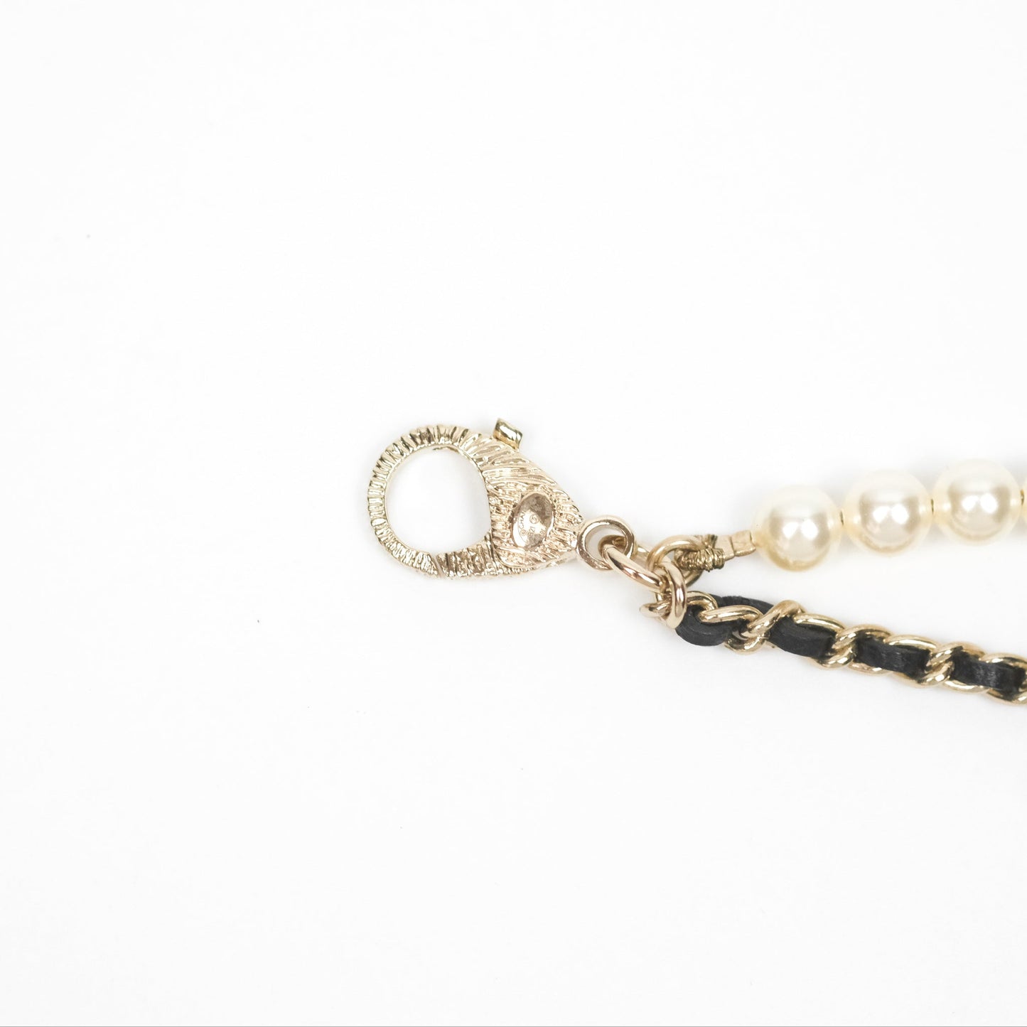 Chanel Crystal CC Pearl Black Leather Chain Braided Necklace Gold Tone 21K