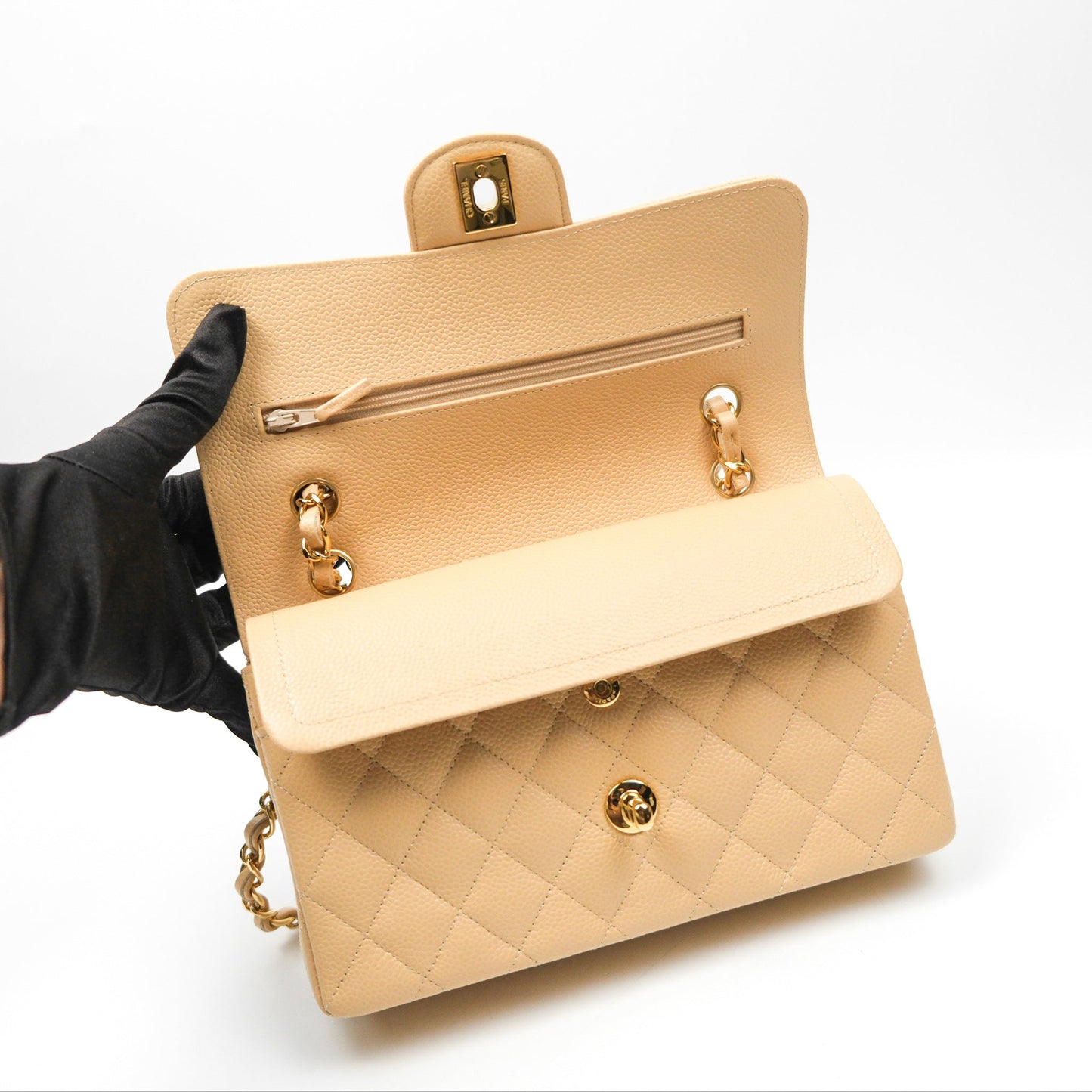 Chanel Small Quilted Classic Flap Beige Caviar Gold Hardware