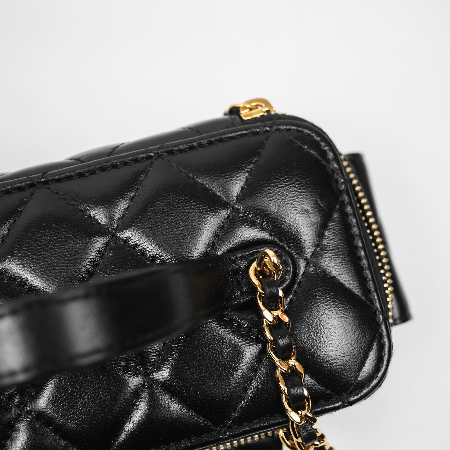 Chanel Quilted Top Handle Pocket Vanity Case Black Shiny Lambskin Bag Gold Hardware