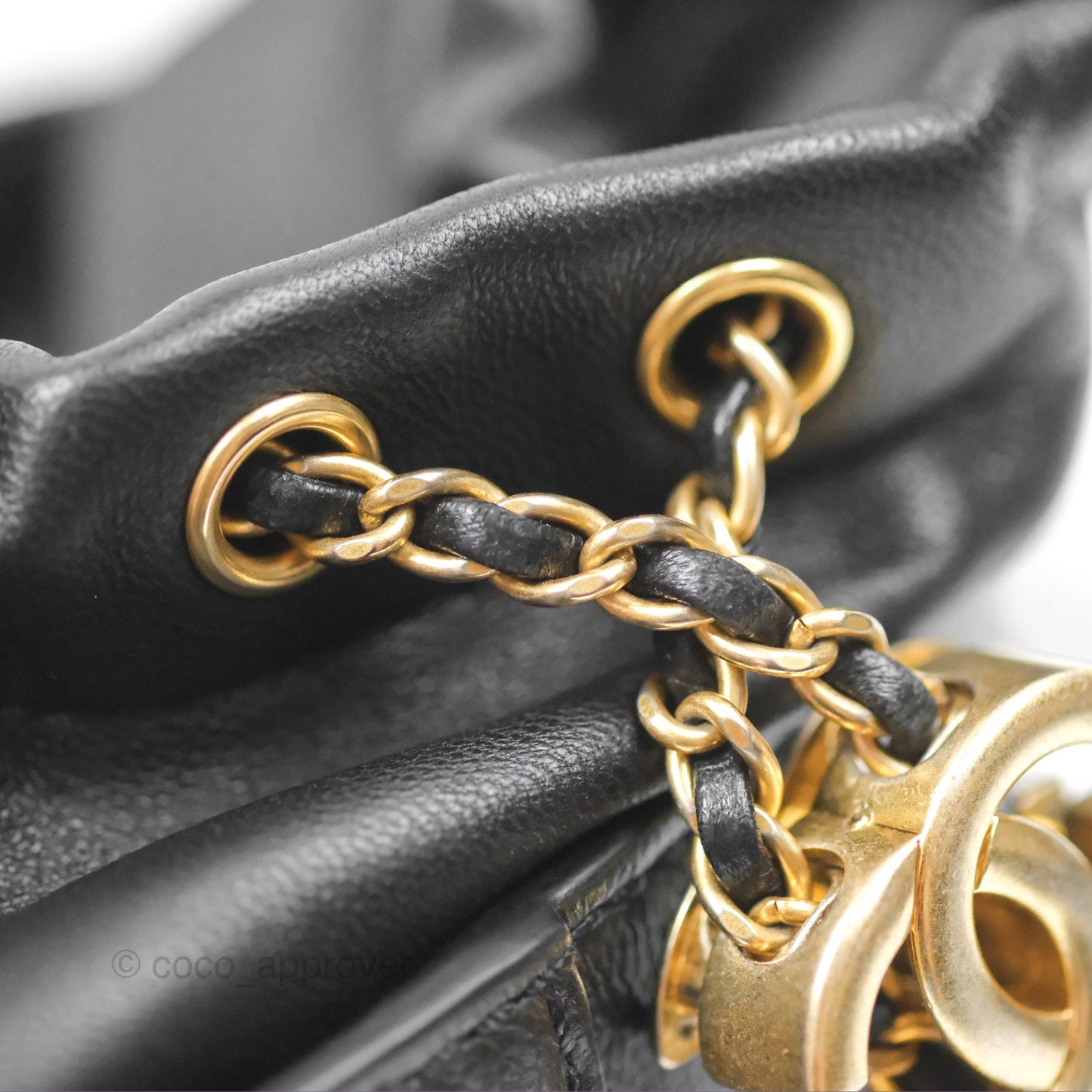 Chanel Drawstring Bucket Bag Quilted Black Caviar Aged Gold Hardware