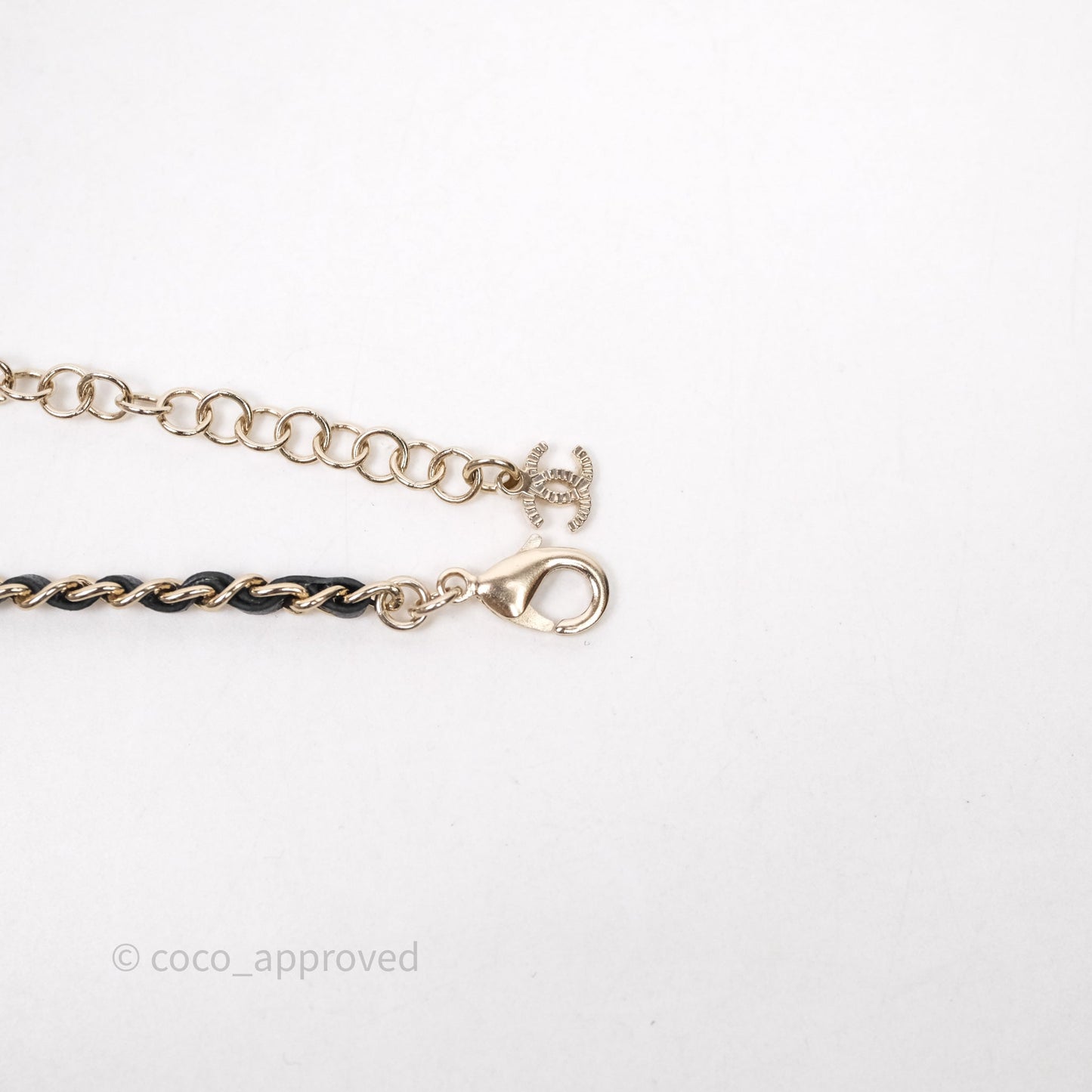 Chanel Double CC Crystals Black Leather Chain Choker Gold Tone 23V
