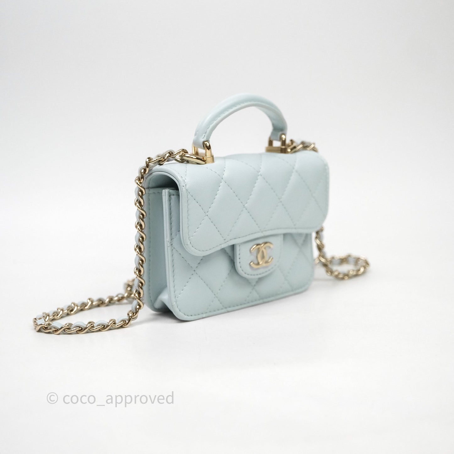 Chanel Mini Handle Flap Coin Purse With Chain Light Blue Lambskin Gold Hardware