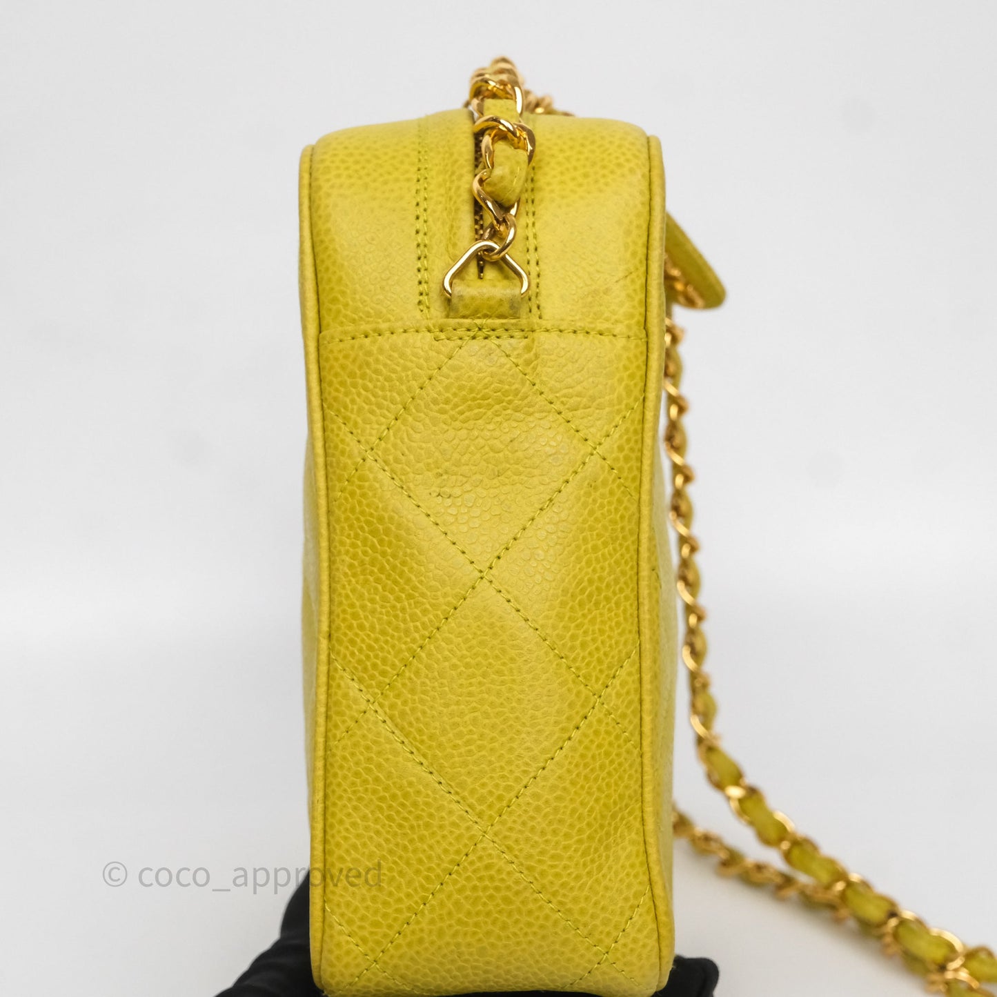 Chanel Vintage Quilted Camera Bag Green Yellow Caviar Gold Hardware