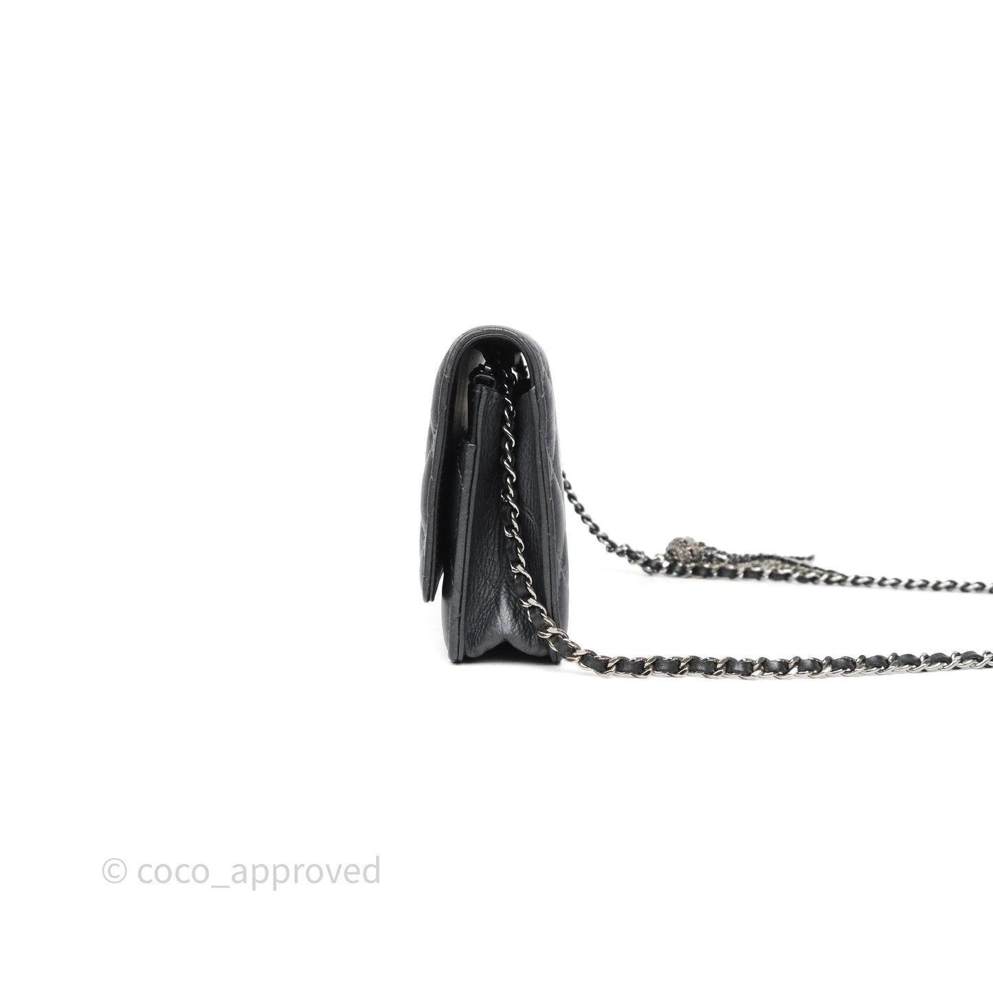 Chanel Tassel Charm Wallet On Chain WOC Iridescent Dark Silver Aged Calfskin