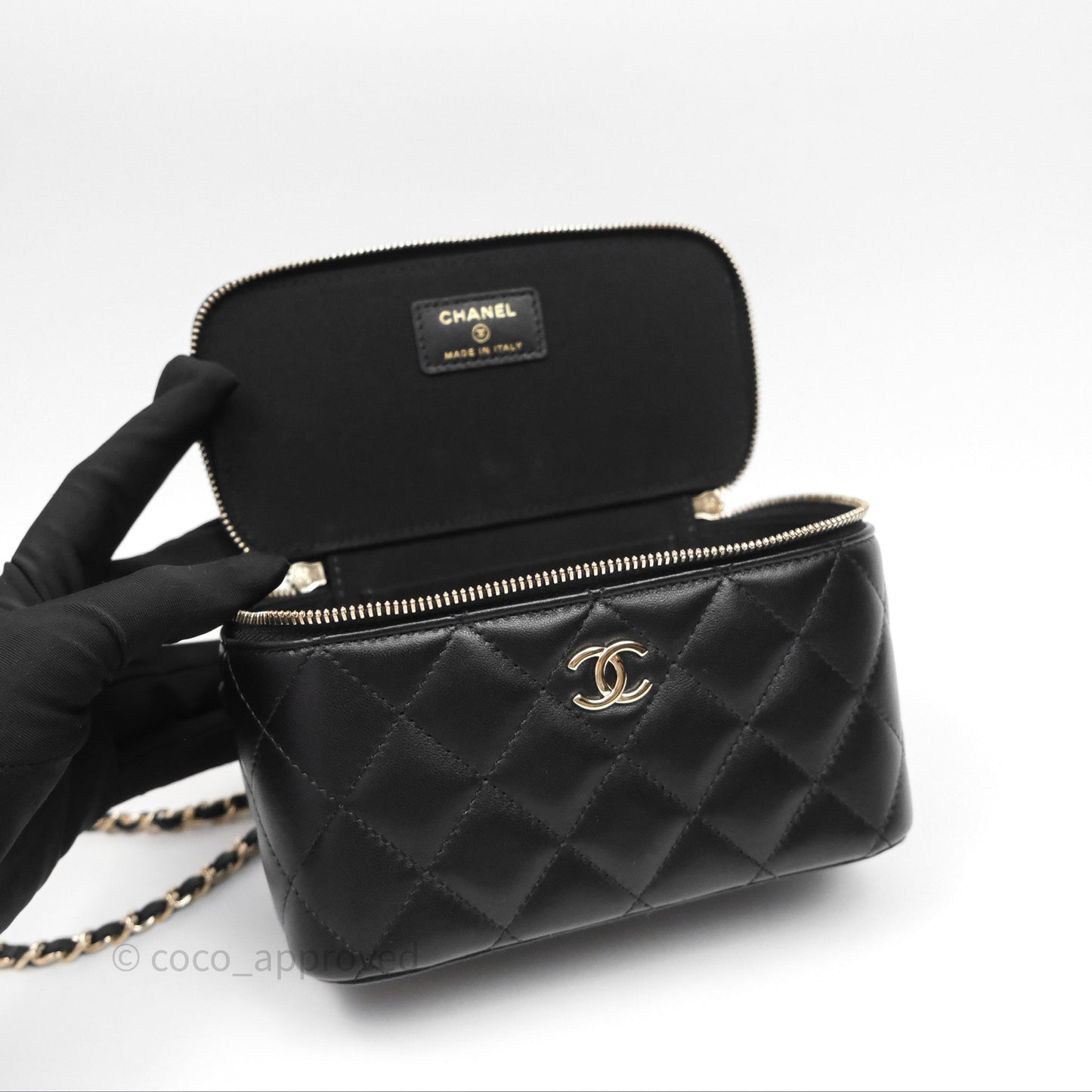 Chanel Classic Vanity Rectangular Top Handle With Chain Black Lambskin Gold Hardware