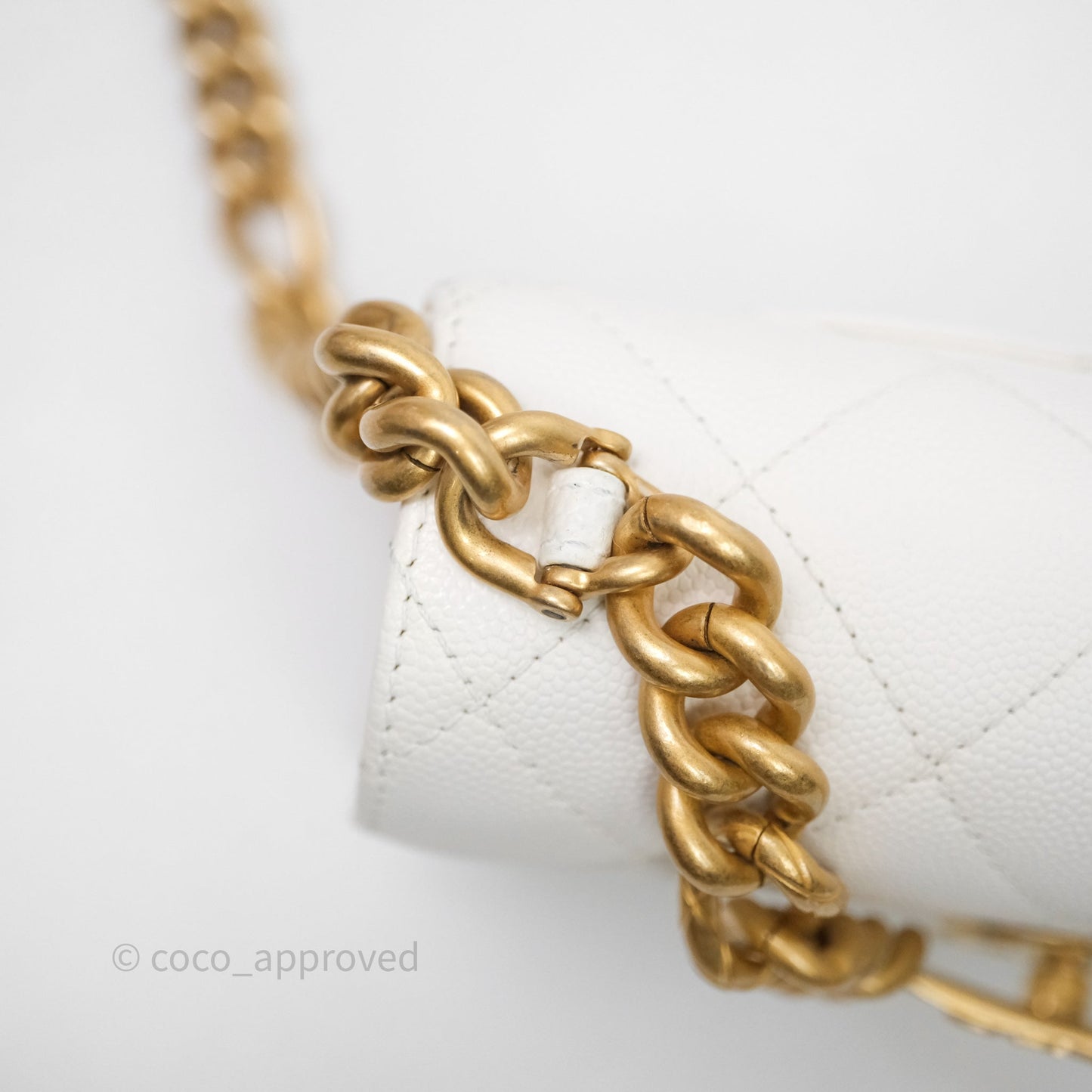 Chanel Bracelet On Chain Small Flap Bag White Caviar Aged Gold Hardware