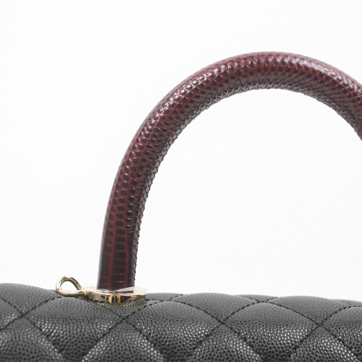 Chanel Small Coco Handle Quilted Black Caviar Gold Hardware Embossed Lizard Handle