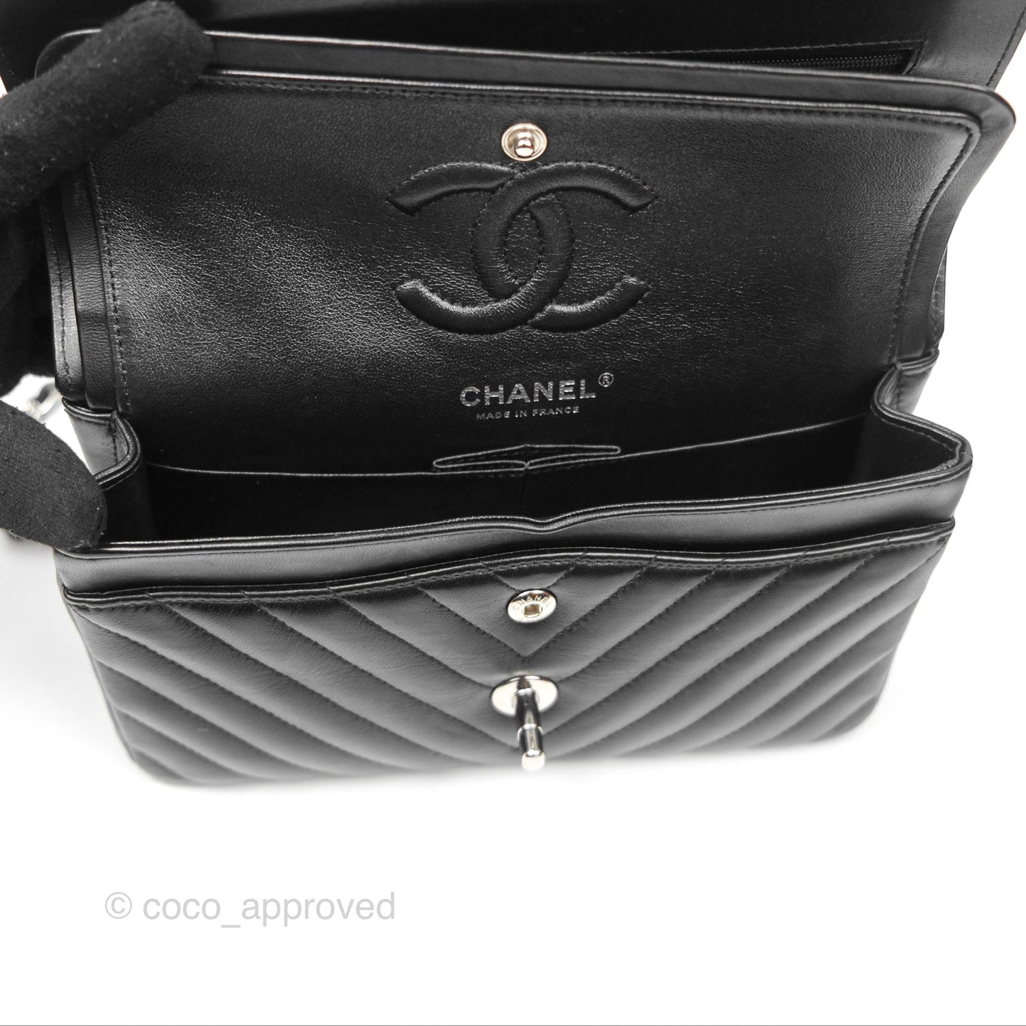 Chanel Small Classic Chevron Flap Black Lambskin Silver Hardware