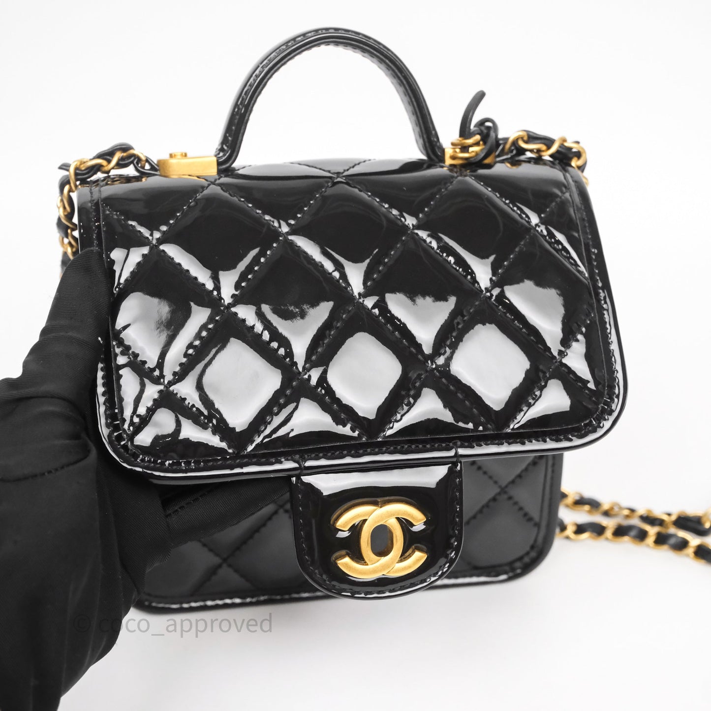 Chanel Mini School Memory Top Handle Flap Black Patent