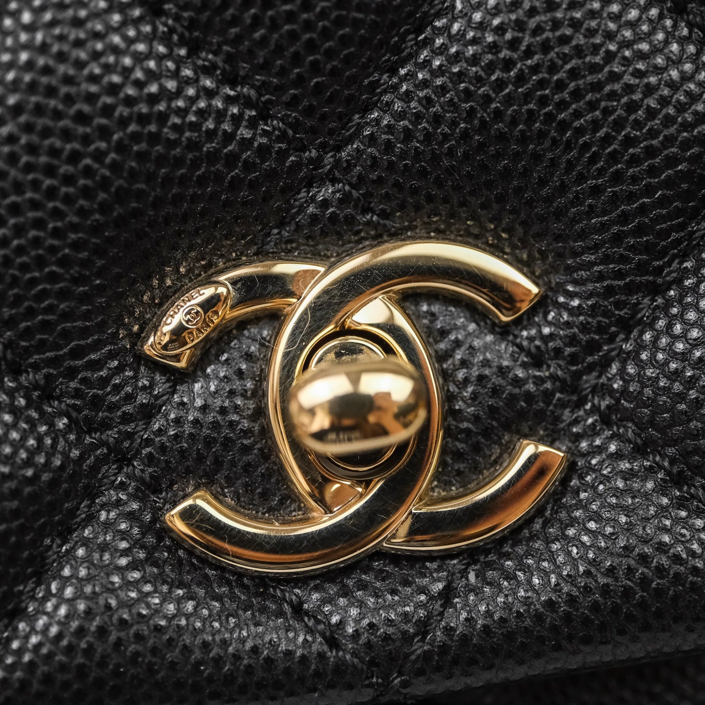 Chanel Small Coco Handle Quilted Black Caviar Aged Gold Hardware Lizard Handle