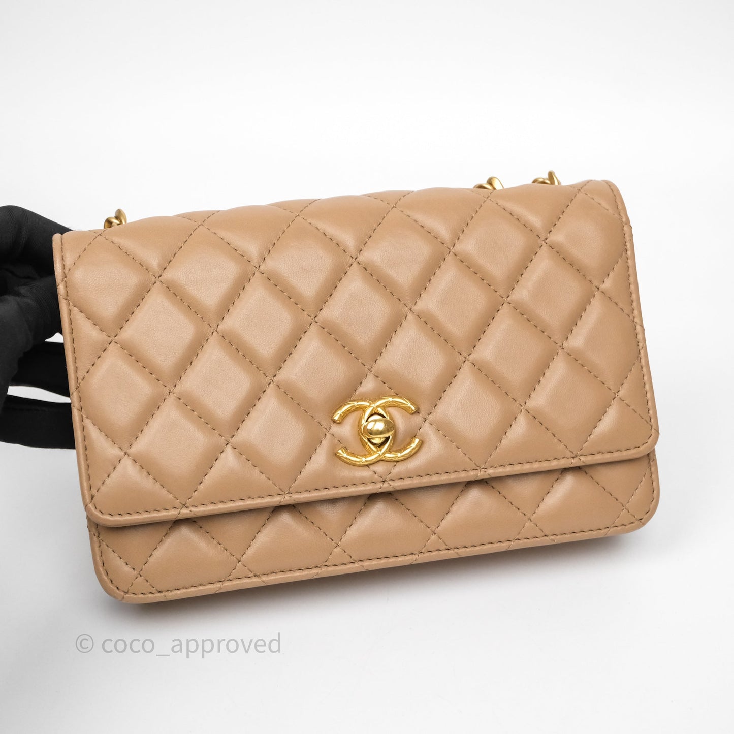 Chanel All Slide Wallet on Chain WOC Adjustable Chain Quilted Beige Lambskin