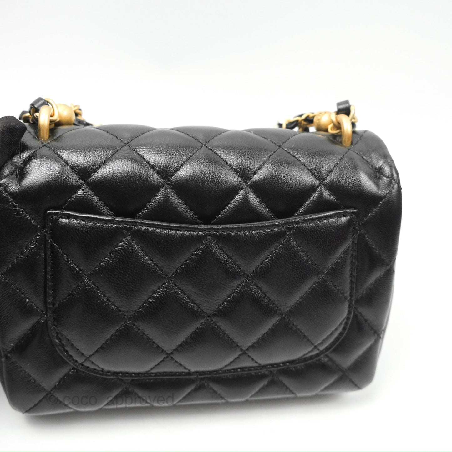 Chanel Mini Flap Bag with Pearl Chain Black Shiny Lambskin Aged Gold Hardware 24P