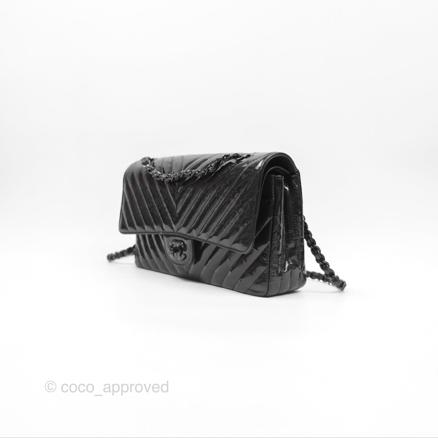 Chanel Classic Chevron M/L Medium Double Flap So Black Patent Calfskin