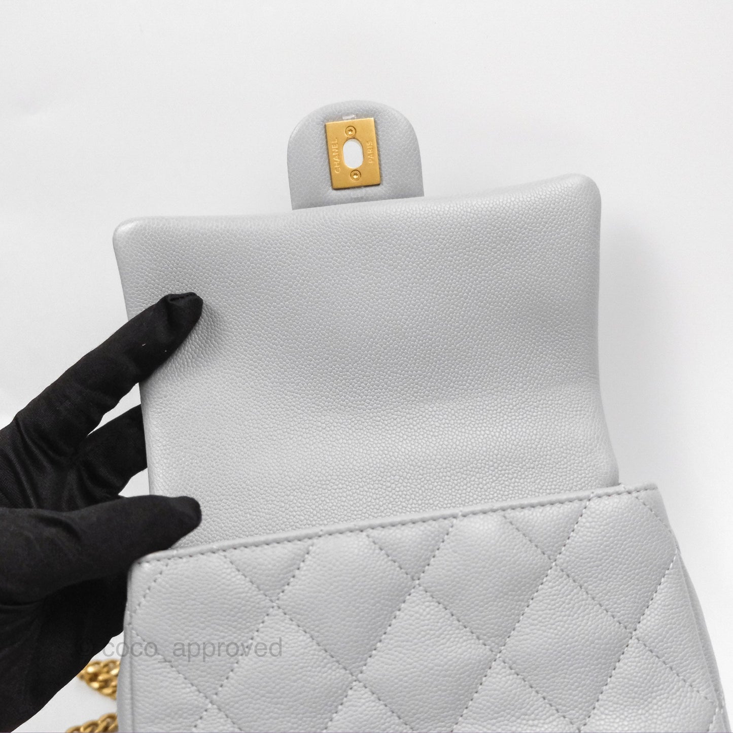 Chanel Mini Flap Bag Heart Adjustable Chain Grey Caviar Aged Gold Hardware