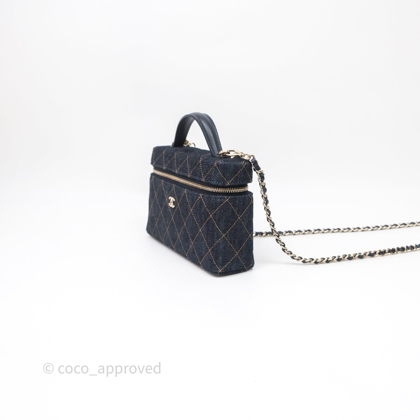 Chanel Top Handle Long Vanity with Chain Dark Blue Denim Gold Hardware