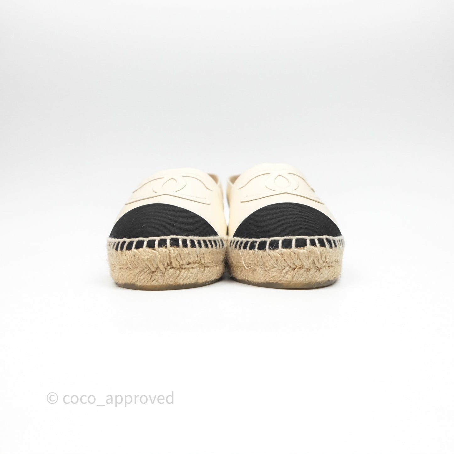 Chanel CC Espadrilles Pearly Ivory Black Leather Size 37