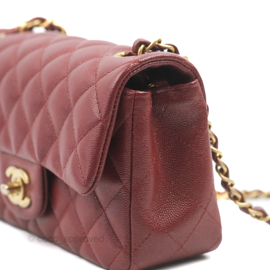 Chanel Classic Quilted Mini Rectangular Flap Iridescent Burgundy Caviar Aged Gold Hardware