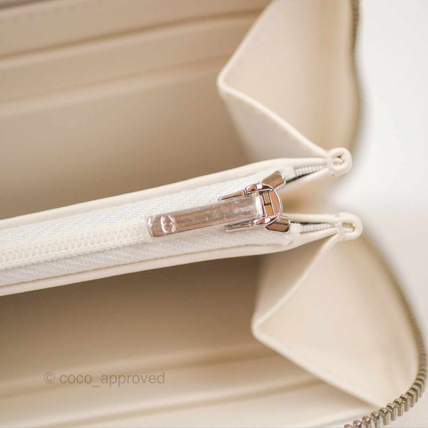 Chanel Quilted Zip Long Wallet White Caviar Silver Hardware