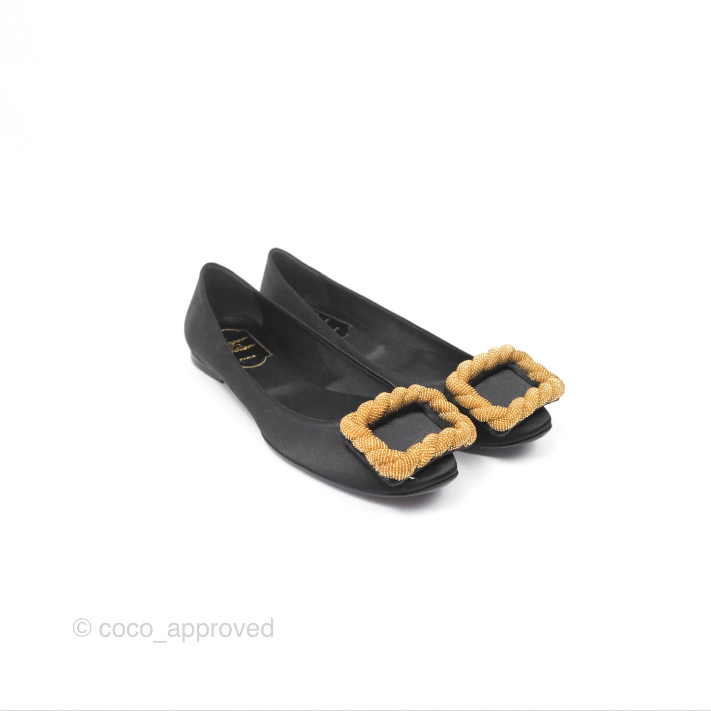 Roger Vivier Ballet Flats Black Satin Gold Hardware Size 36.5