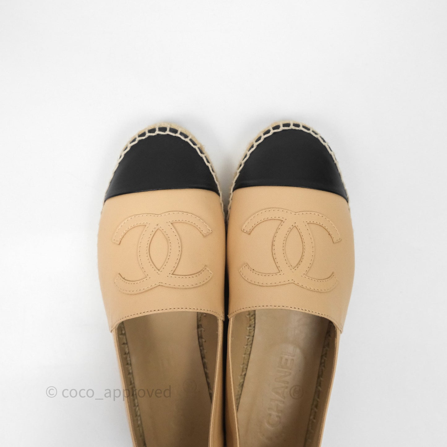 Chanel CC Espadrilles Beige Black Lambskin Size 36