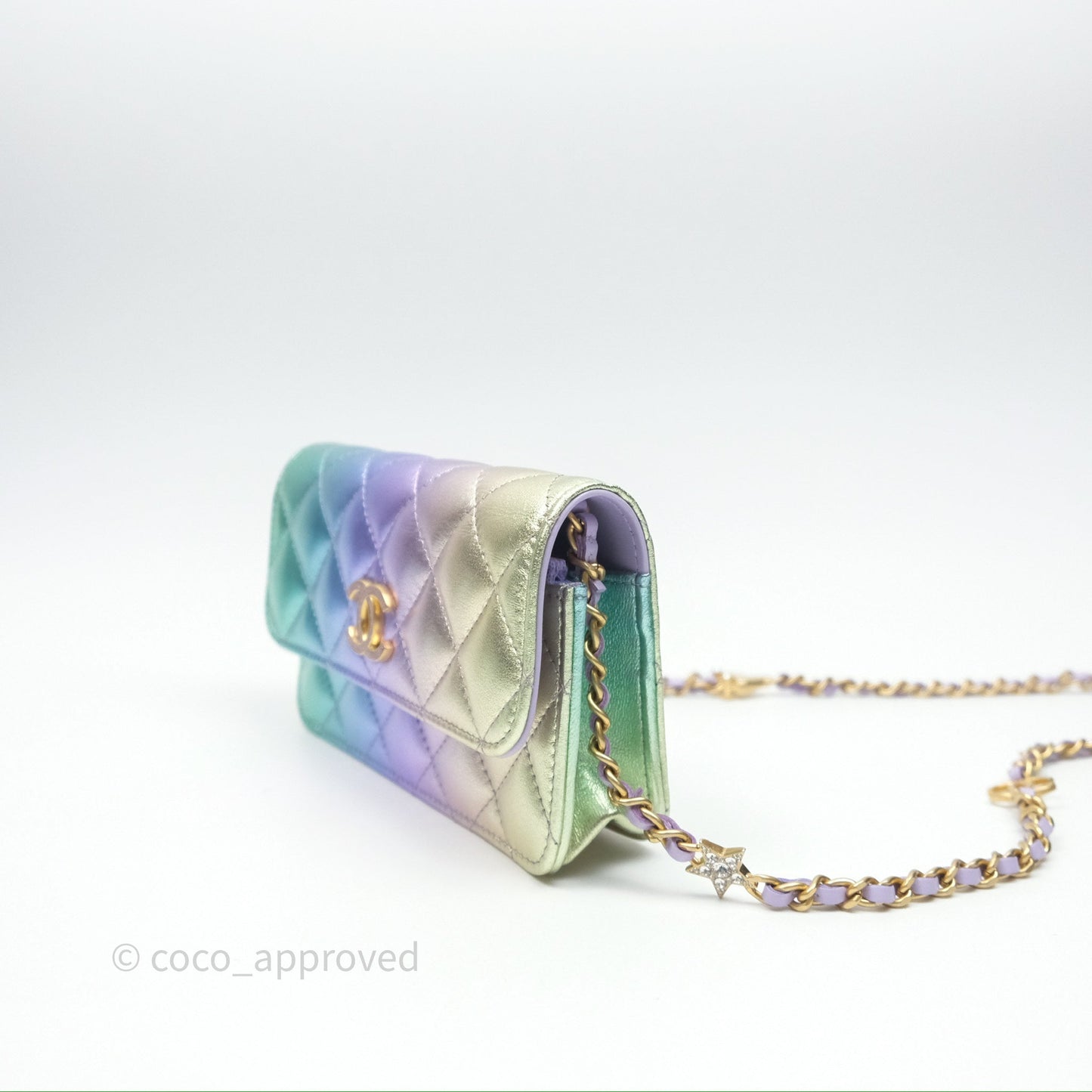 Chanel Quilted Phone Holder with Chain Metallic Rainbow Lambskin Aged Gold Hardware 24C