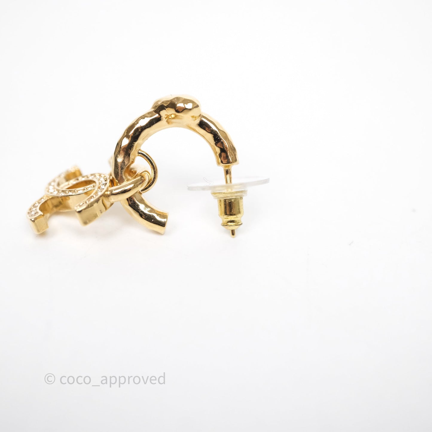Chanel Heart Crystal CC Drop Hoop Earrings Gold Tone 23P