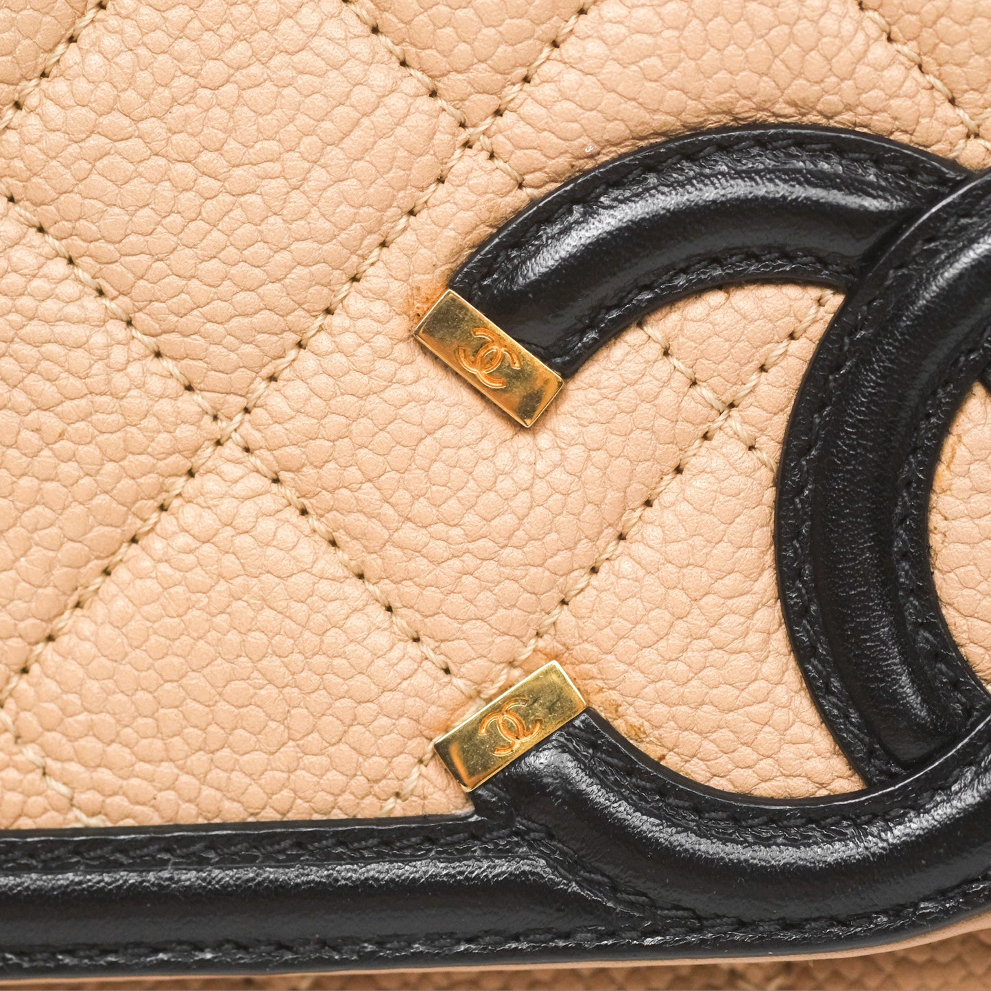 Chanel Small CC Filigree Flap Quilted Beige Black Caviar