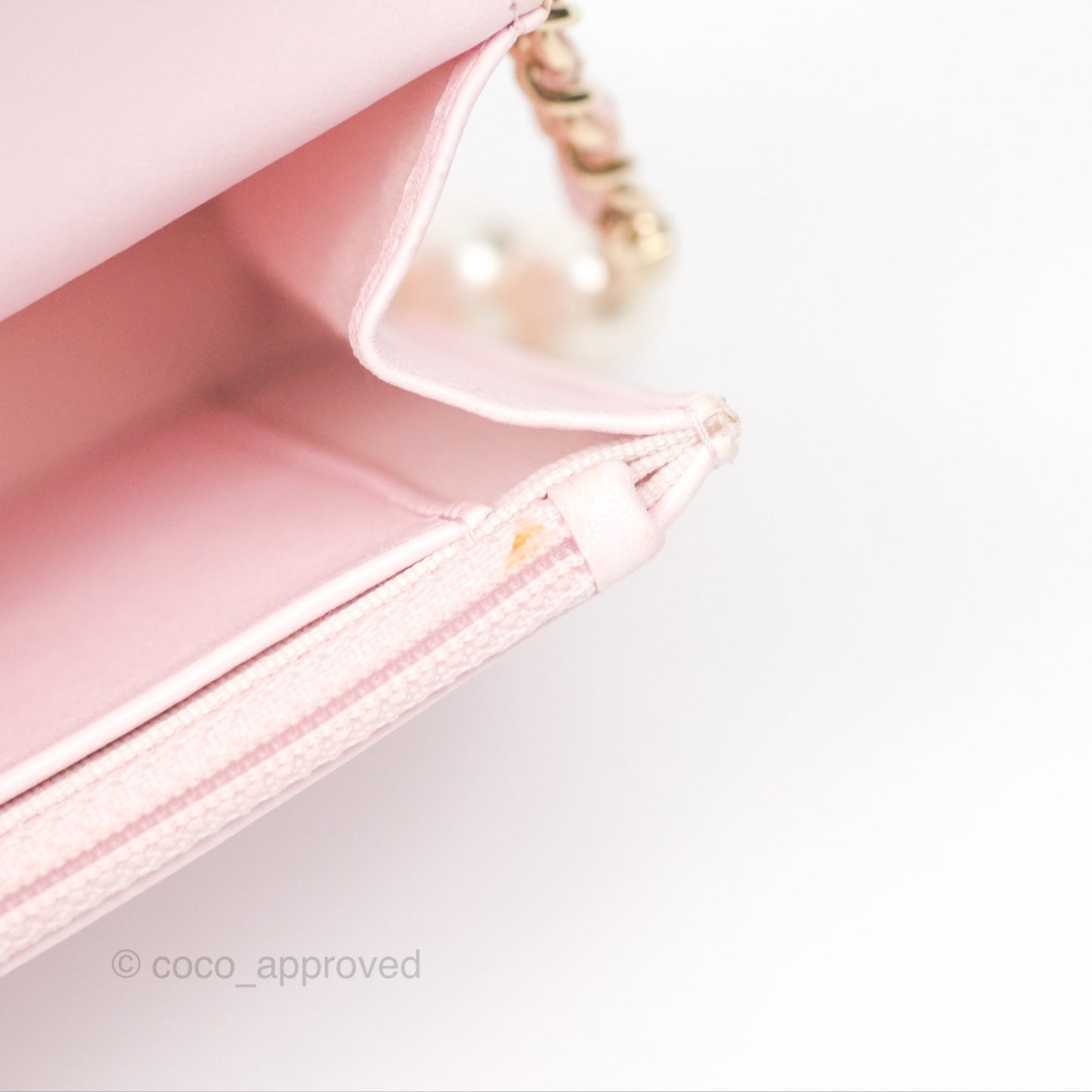 Chanel Wallet On Chain WOC Pearl Chain Iridescent Light Pink Lambskin Gold Hardware