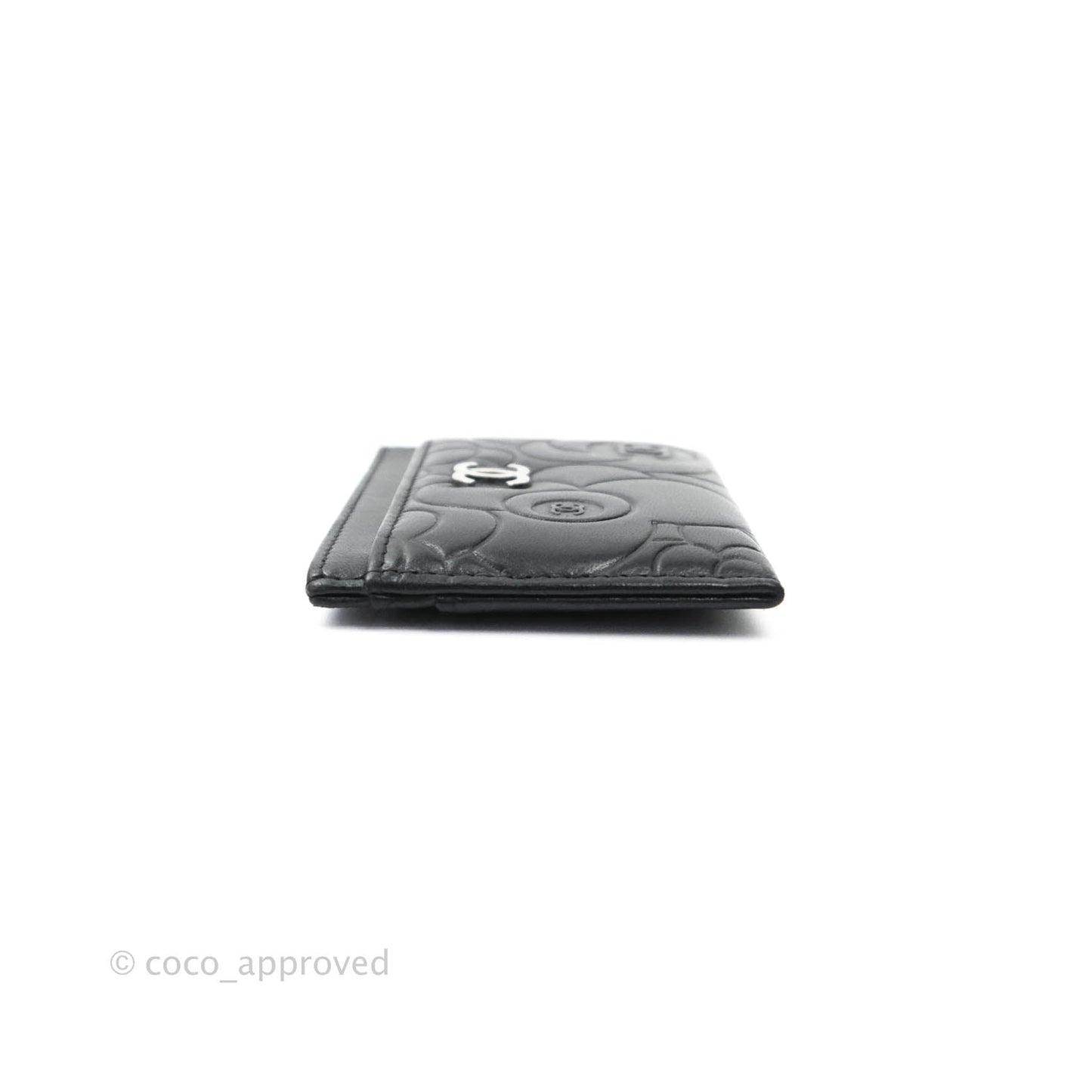 Chanel Classic Camellia Embossed Lambskin Card Holder Silver Hardware