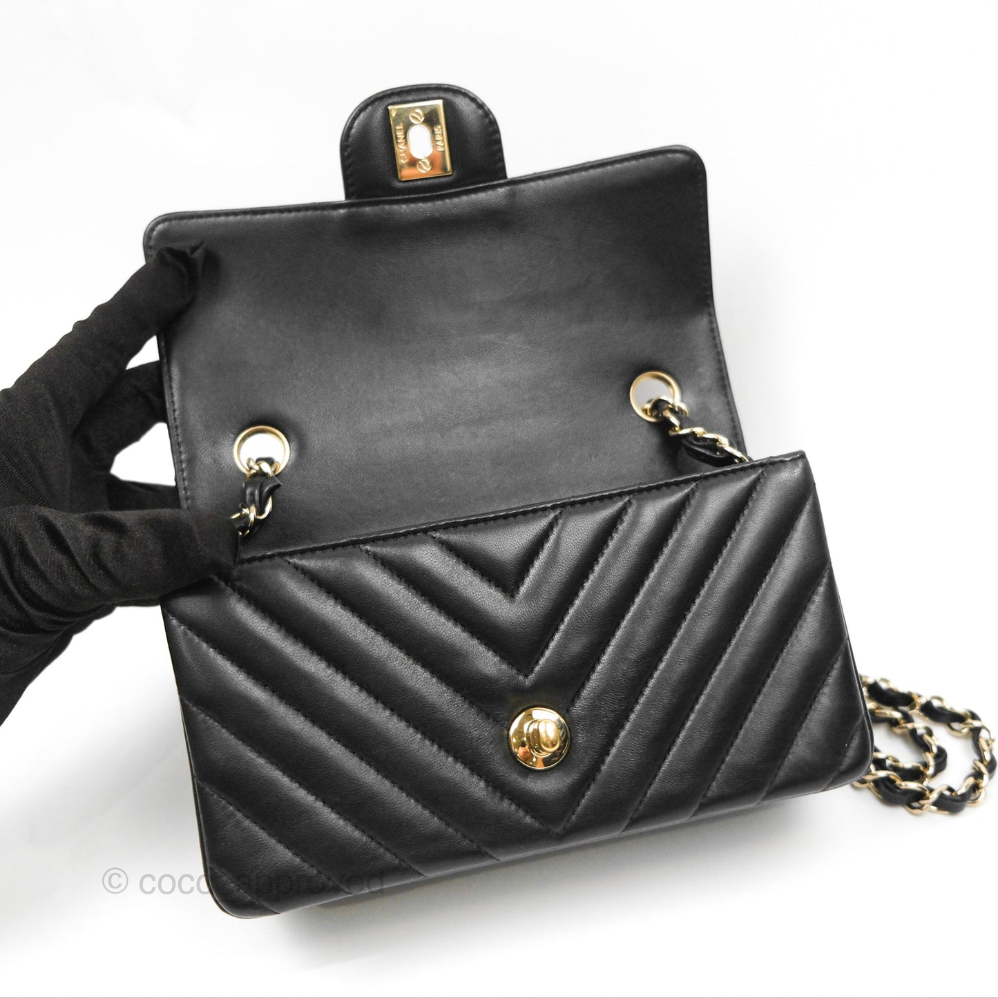 Chanel Chevron Mini Rectangular Flap Black Lambskin Gold Hardware