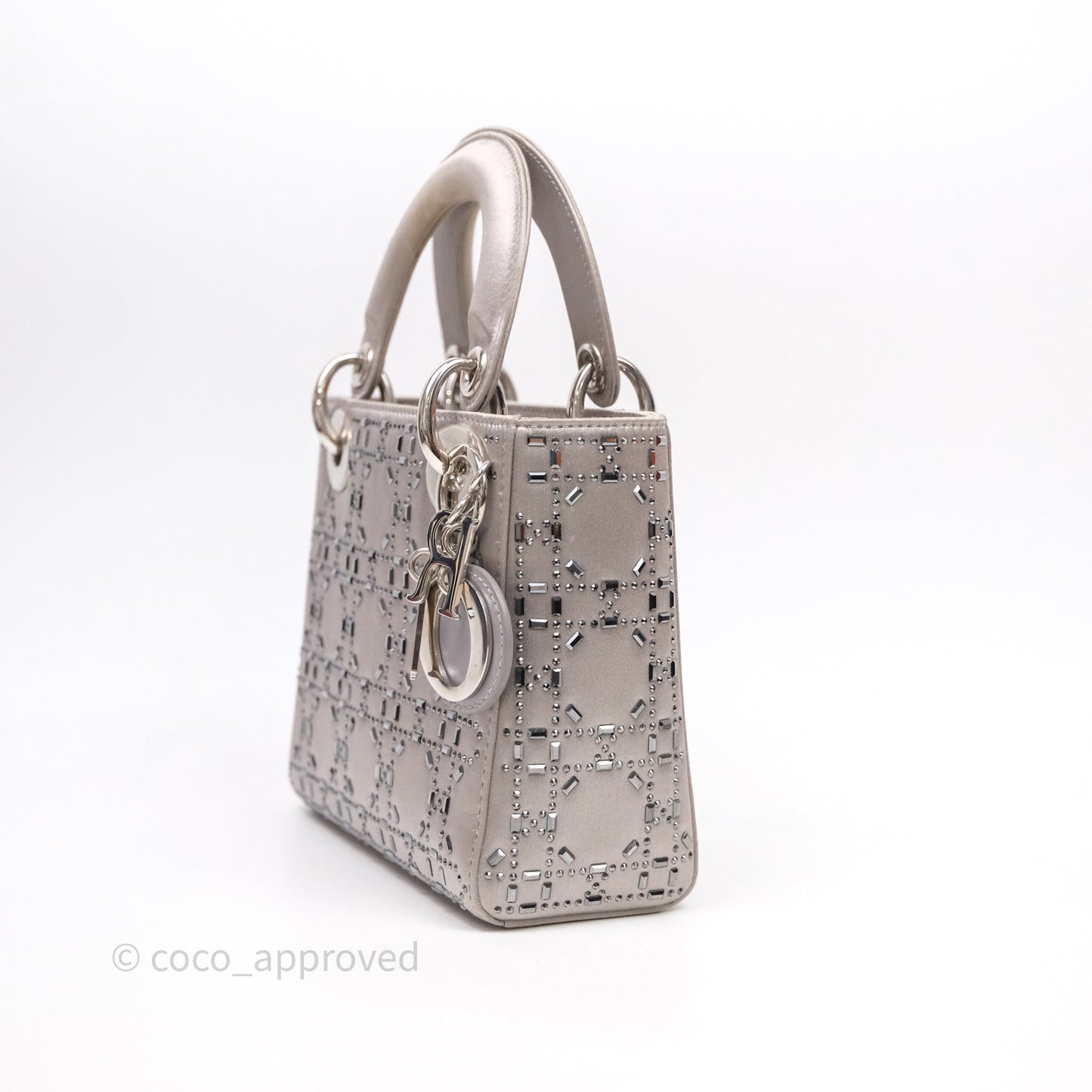 Christian Dior Mini Lady Dior Bag Grey Strass Cannage Satin Silver Hardware