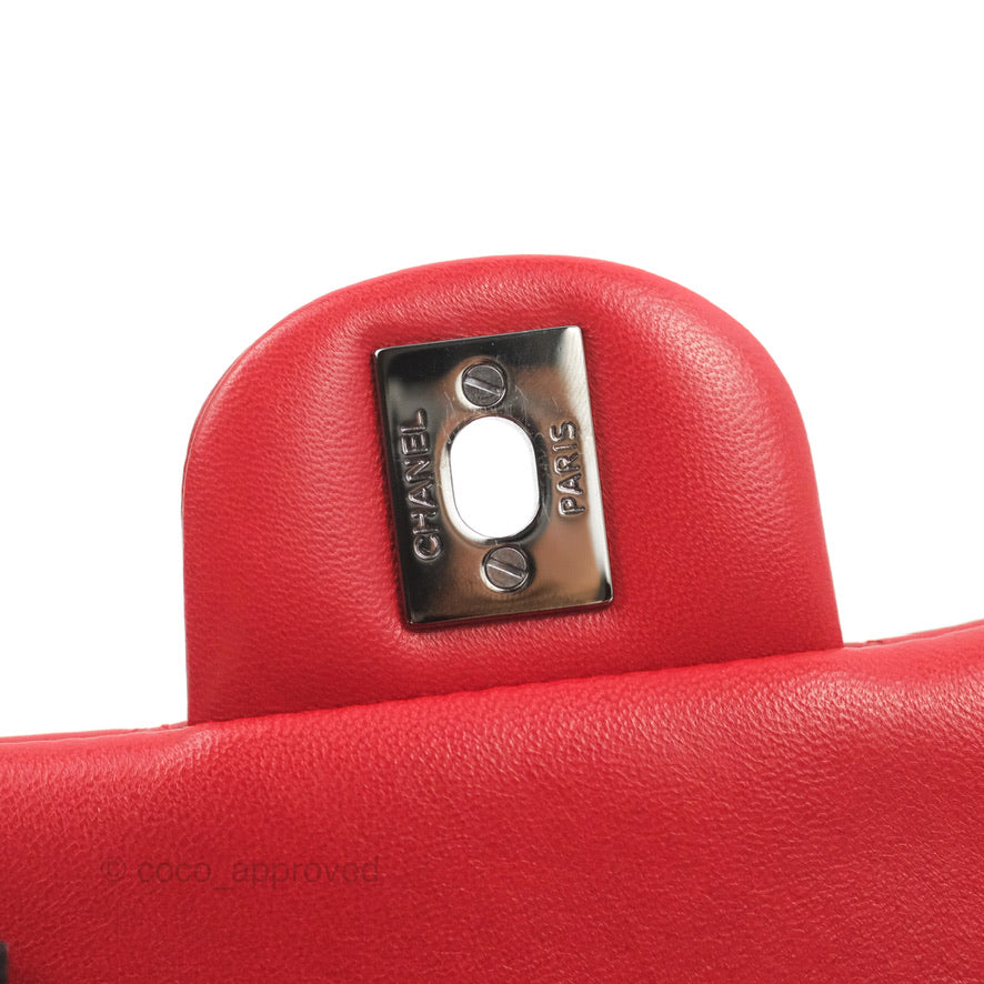 Chanel Quilted Mini Square Red Lambskin Gun Metal