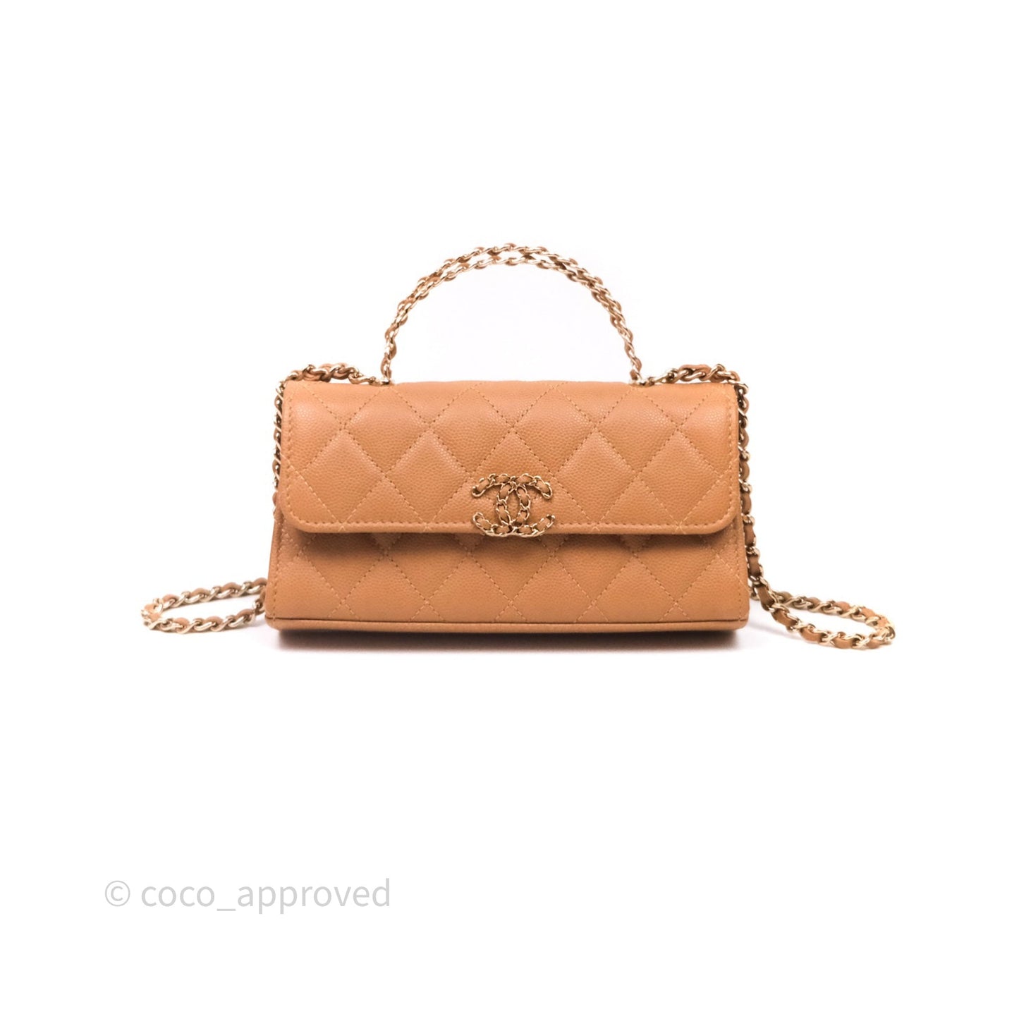 Chanel Kelly Clutch Top Handle Dark Beige Caviar Bag Light Gold hardware