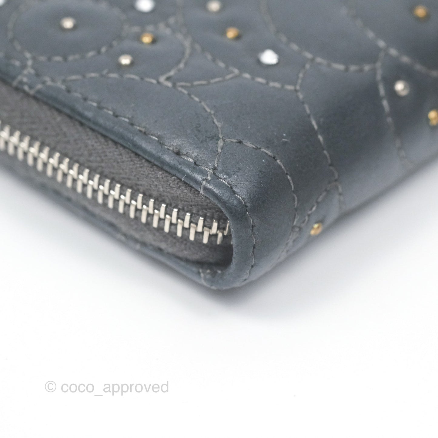 Chanel Camellia Crystal Studded Zipped Coin Purse Grey Silver Hardware