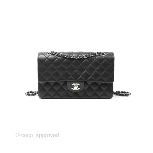 Chanel Classic M/L Medium Flap Quilted Black Lambskin Silver Hardware