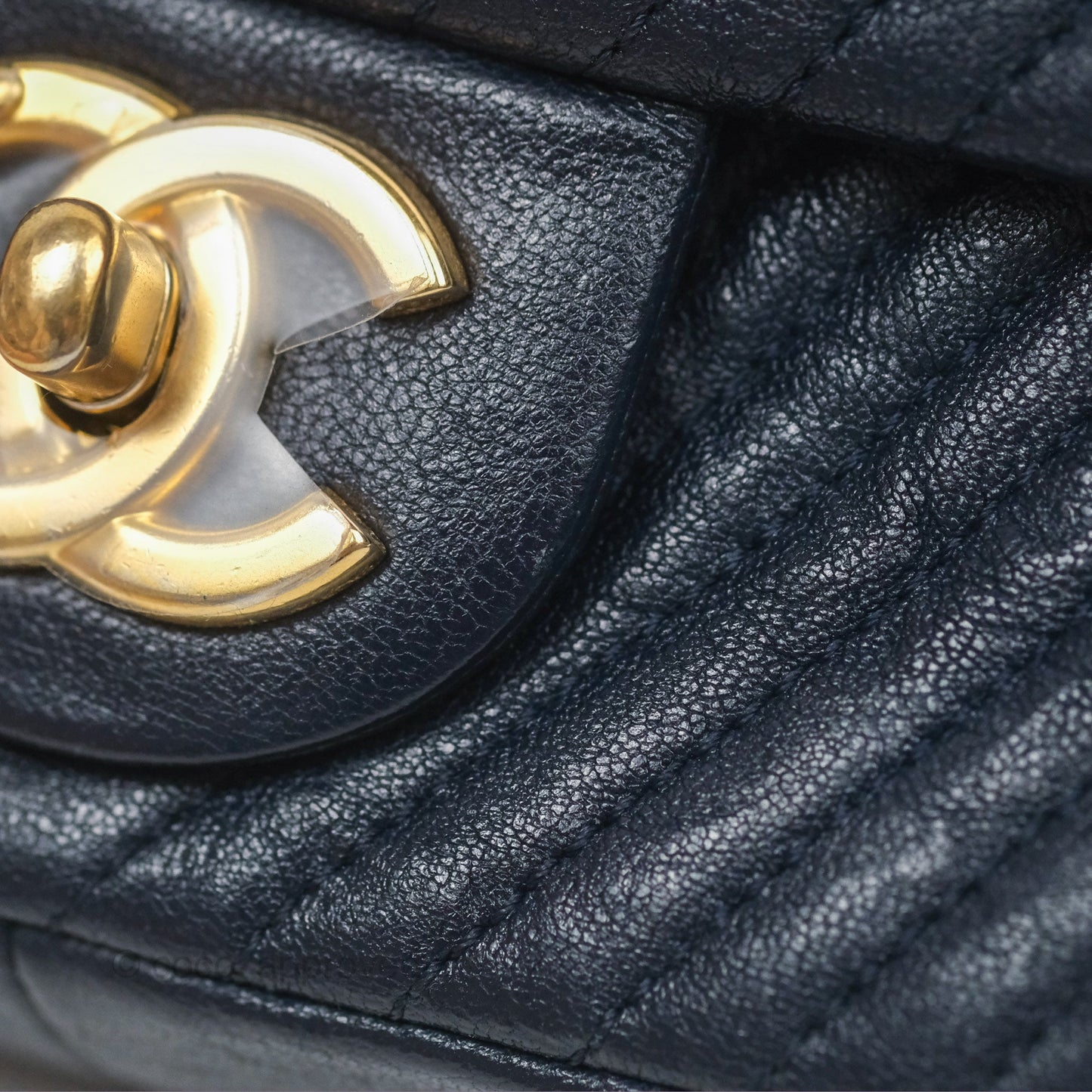 Chanel Small Chevron Surpique Flap Navy Calfskin Aged Gold Hardware