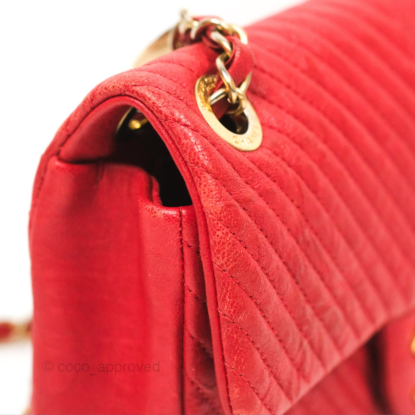 Chanel Small Chevron Surpique Flap Red Calfskin Aged Gold Hardware