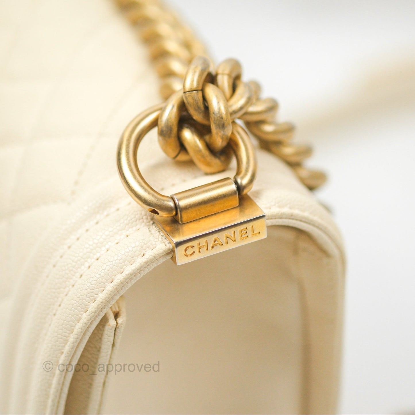 Chanel Medium Boy Quilted Ivory Caviar Aged Gold Hardware
