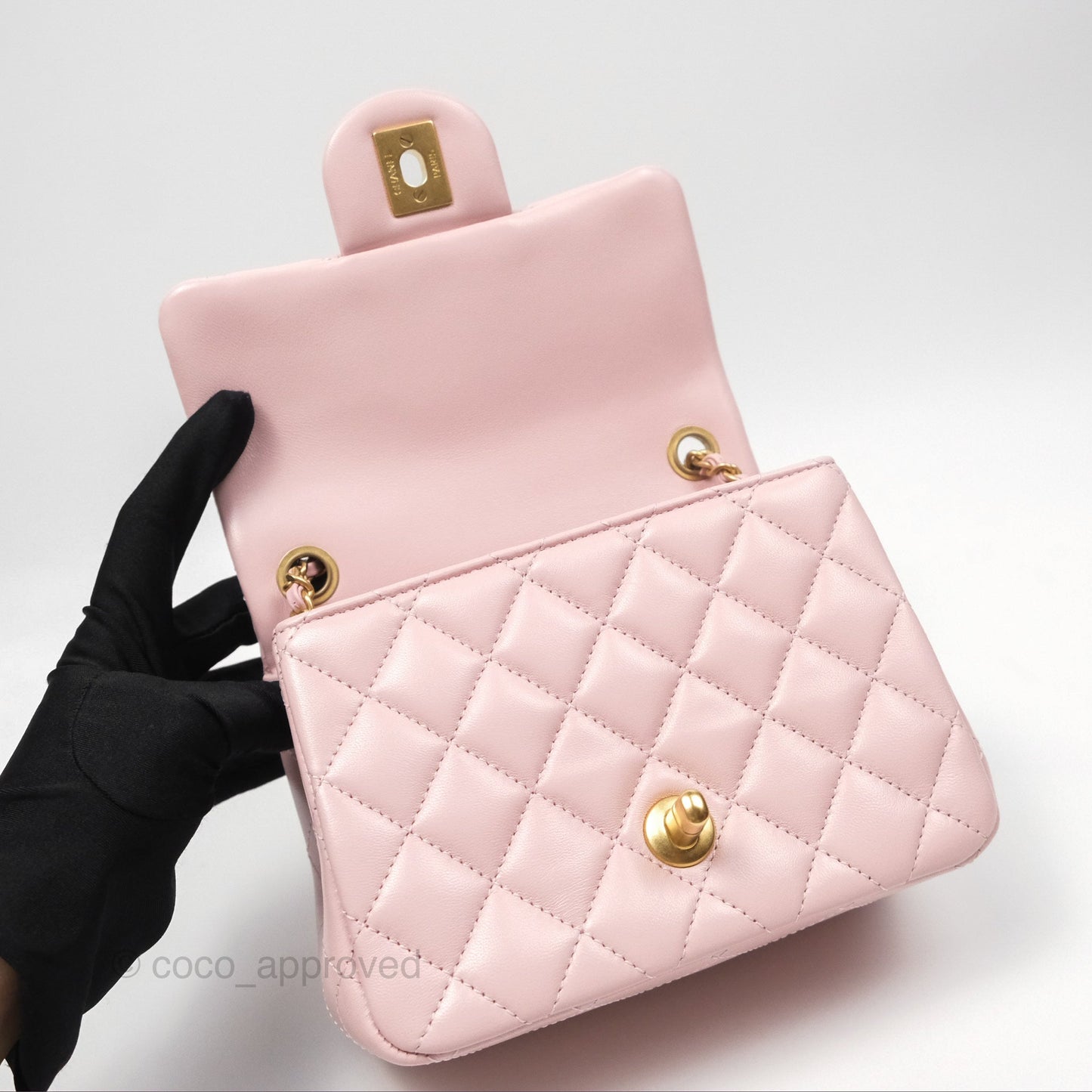 Chanel Pearl Crush Mini Square Quilted Light Pink Lambskin Aged Gold Hardware