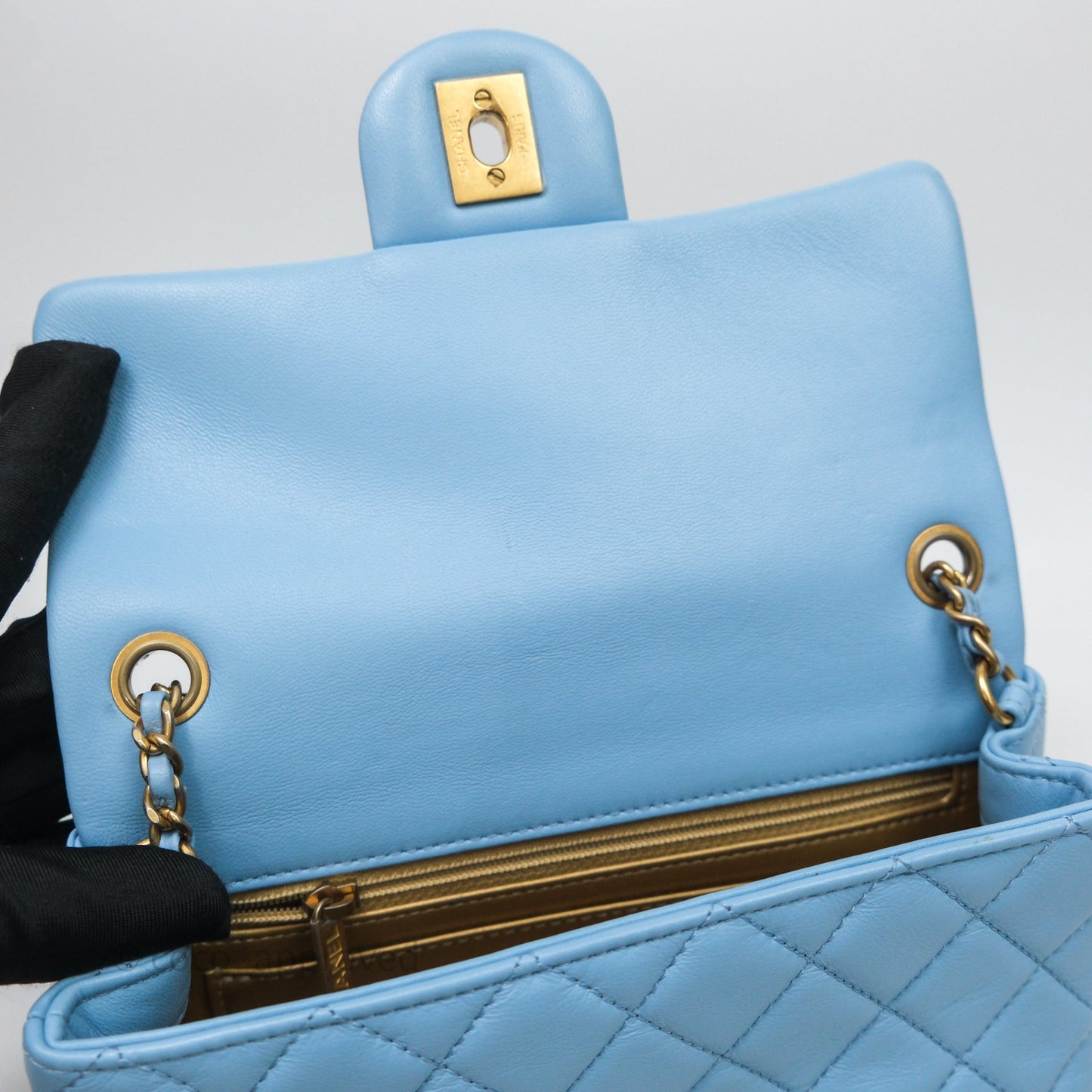 Chanel Mini Rectangular Pearl Crush Quilted Blue Lambskin Aged Gold Hardware