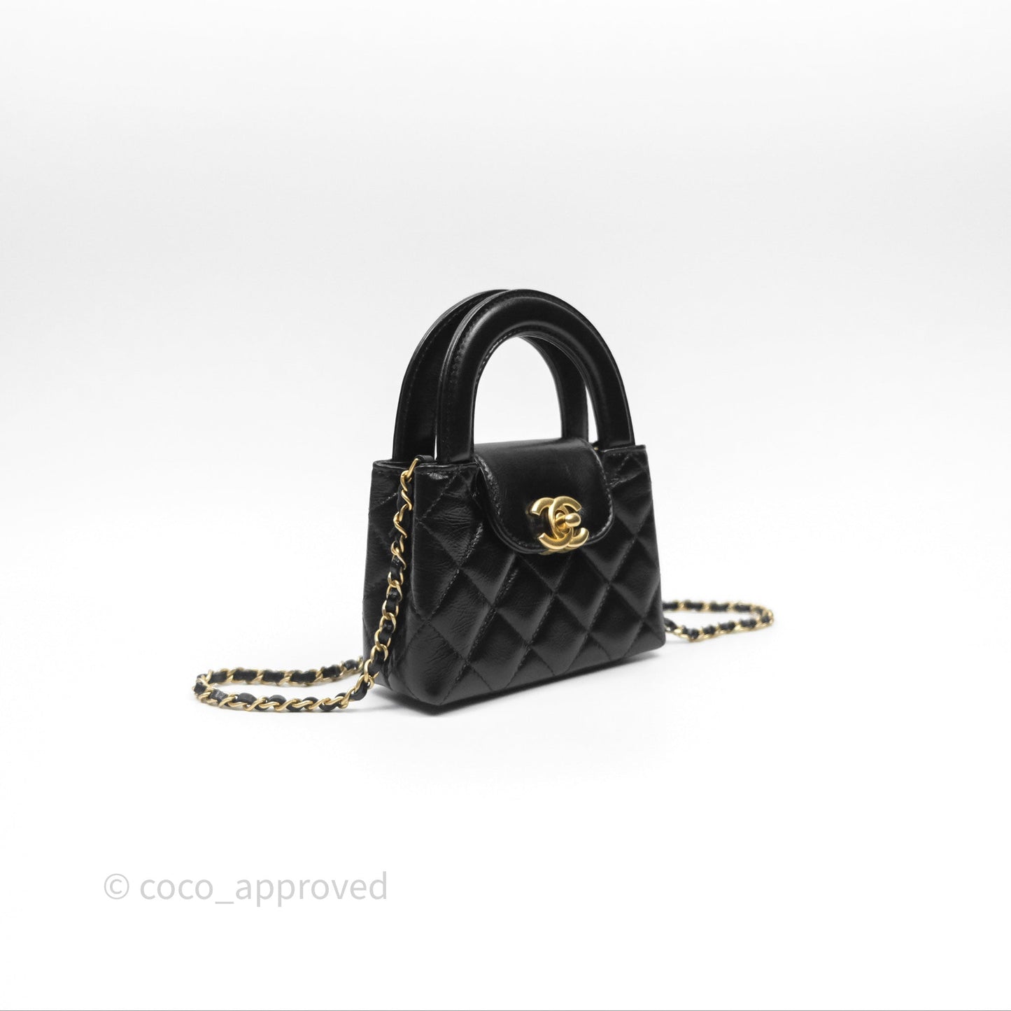 Chanel Mini Nano Kelly Bag Black Shiny Calfskin Aged Gold Hardware