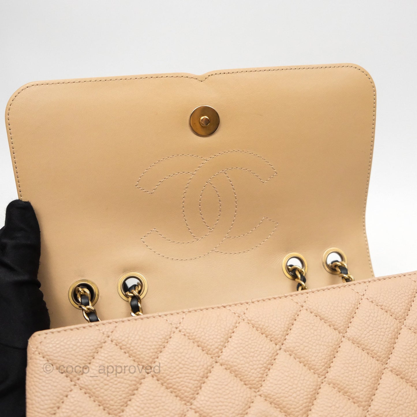 Chanel Small CC Filigree Flap Quilted Beige Black Caviar