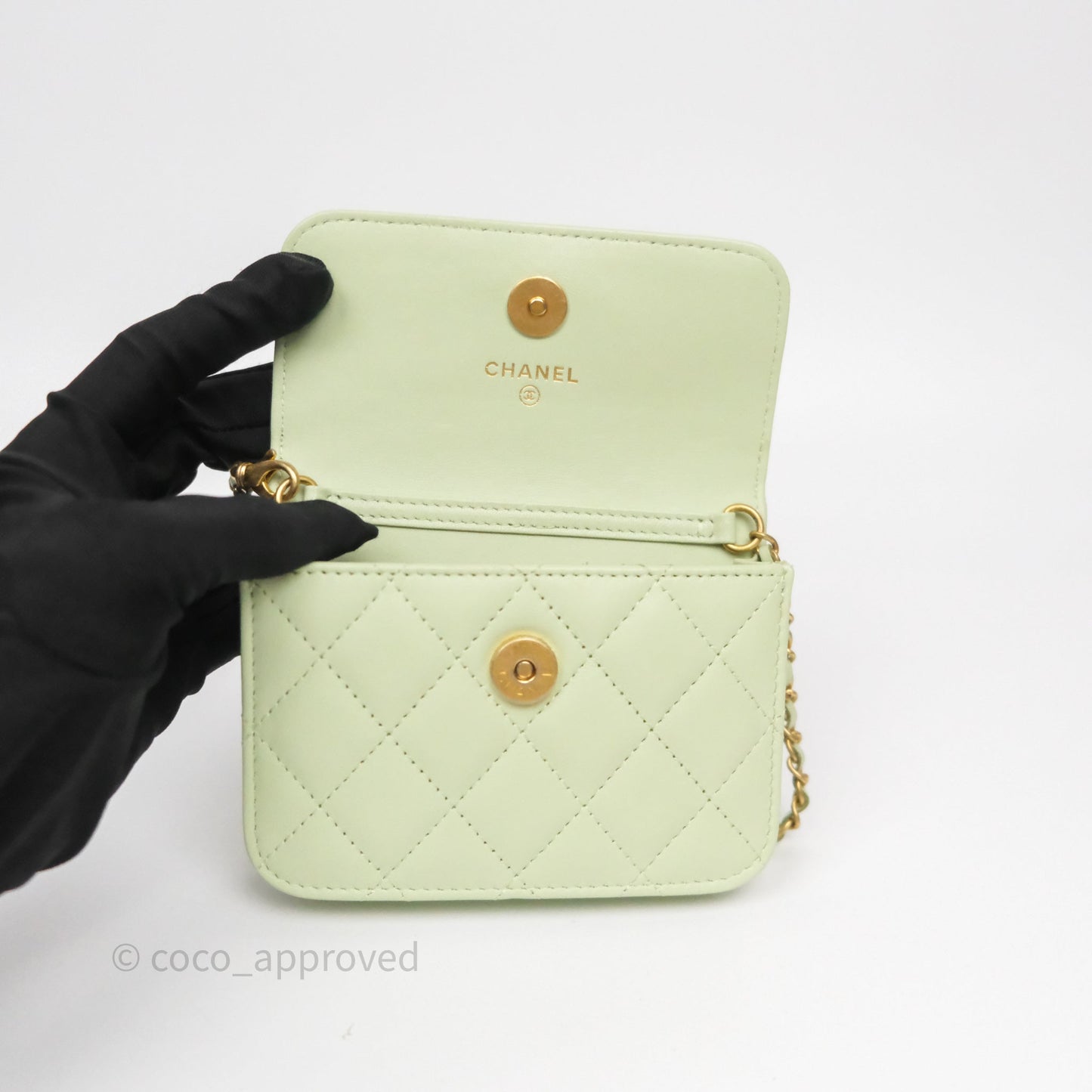 Chanel Pearl Crush Mini Clutch Belt Bag Green Lambskin Aged Gold Hardware