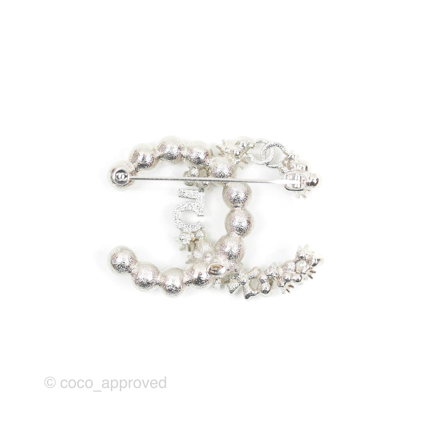 Chanel CC No5 Pearl Crystal Brooch Silver Tone 23P