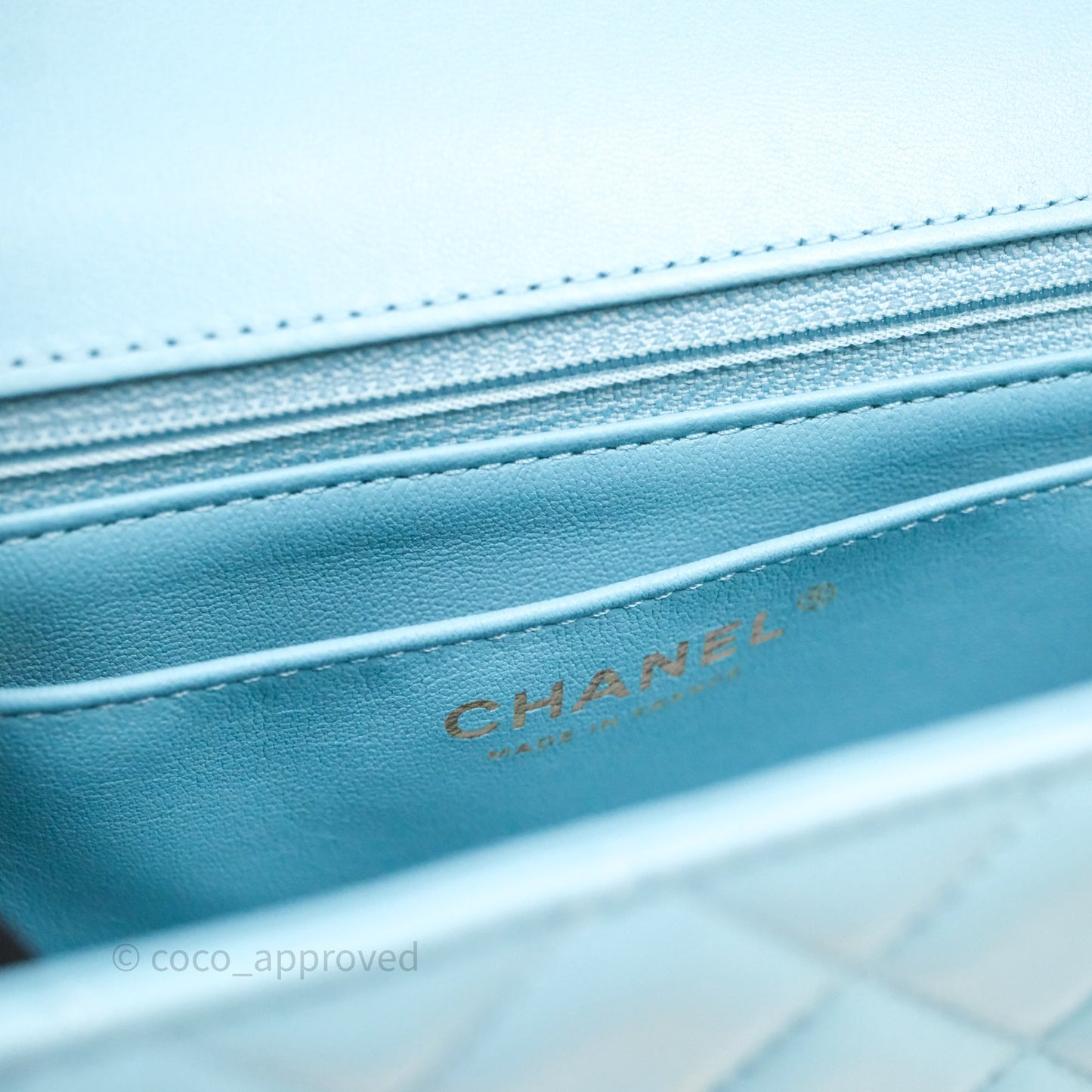 Chanel Flap Bag with Crystal Logo Top Handle Tiffany Blue Lambskin Aged Gold Hardware
