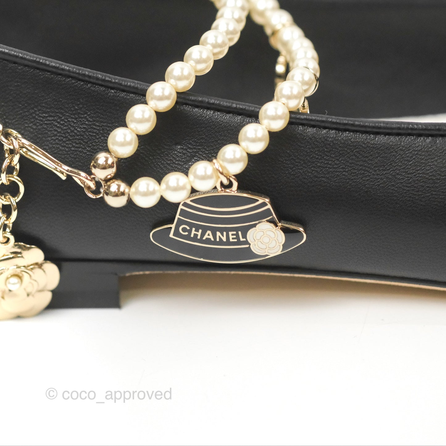 Chanel Ankle Double Pearl Pendant Flat Ballerinas Black Lambskin Size 37