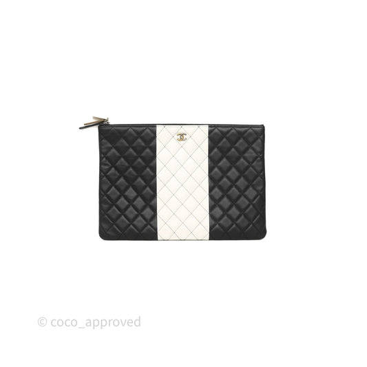 Chanel Classic Zipper O Case Black/ White Gold Hardware