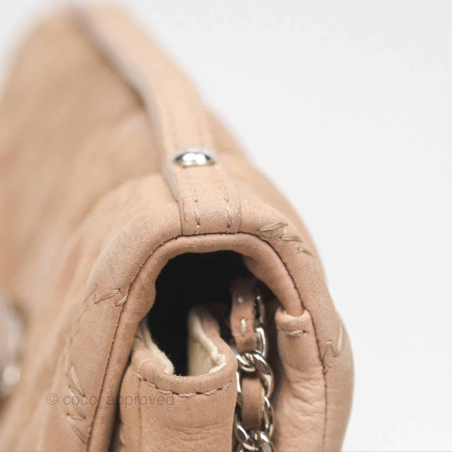 Chanel Double Stitch Hamptons Clutch With Chain Beige Washed Calfskin